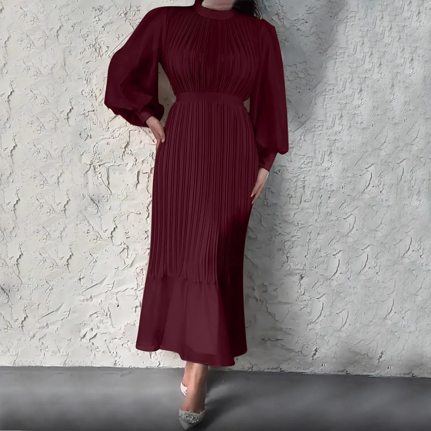 HGps8w Women's Lantern Long Sleeve Pleated Dress, Elegant Empire Waist Cocktail Party Wedding Guest Midi Dresses