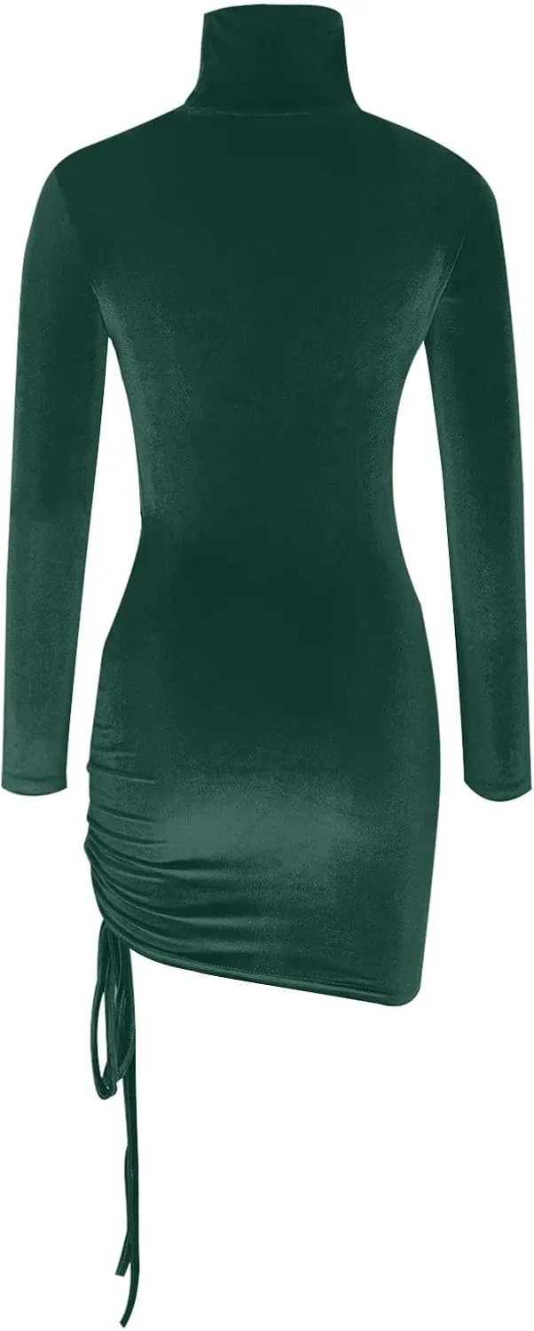 HGps8w Women's Turtleneck Velvet Ruched Bodycon Mini Dress Slim Fitted Long Sleeve Elegant Drawstring Mini Club Dress