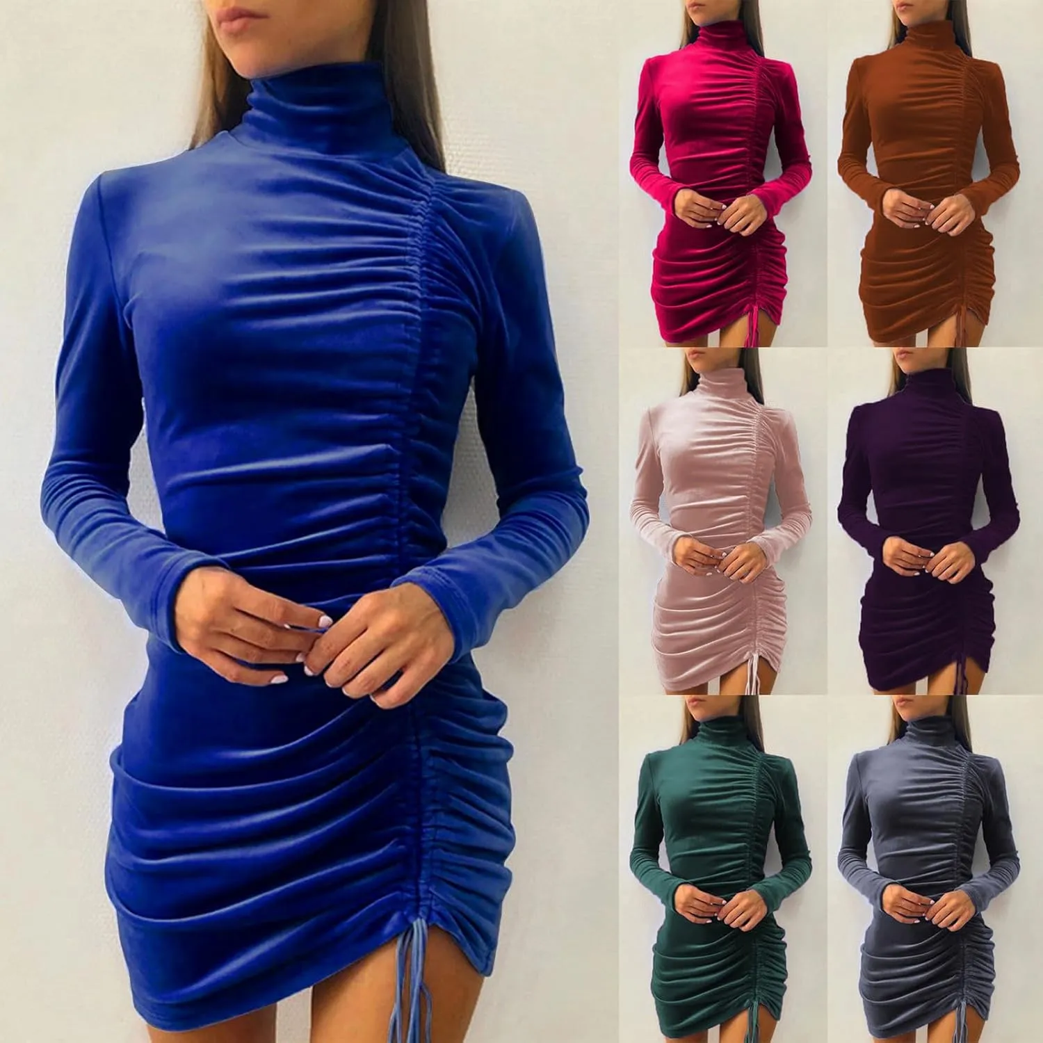 HGps8w Women's Turtleneck Velvet Ruched Bodycon Mini Dress Slim Fitted Long Sleeve Elegant Drawstring Mini Club Dress