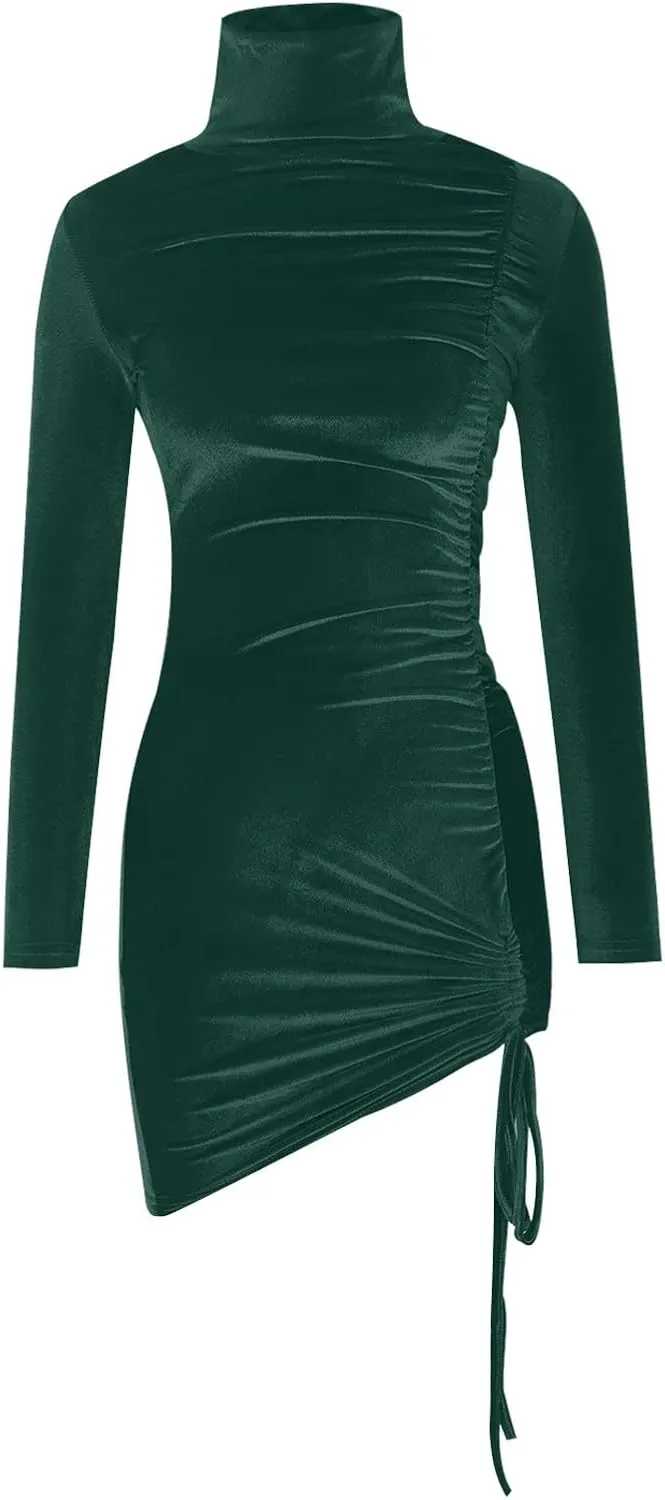 HGps8w Women's Turtleneck Velvet Ruched Bodycon Mini Dress Slim Fitted Long Sleeve Elegant Drawstring Mini Club Dress