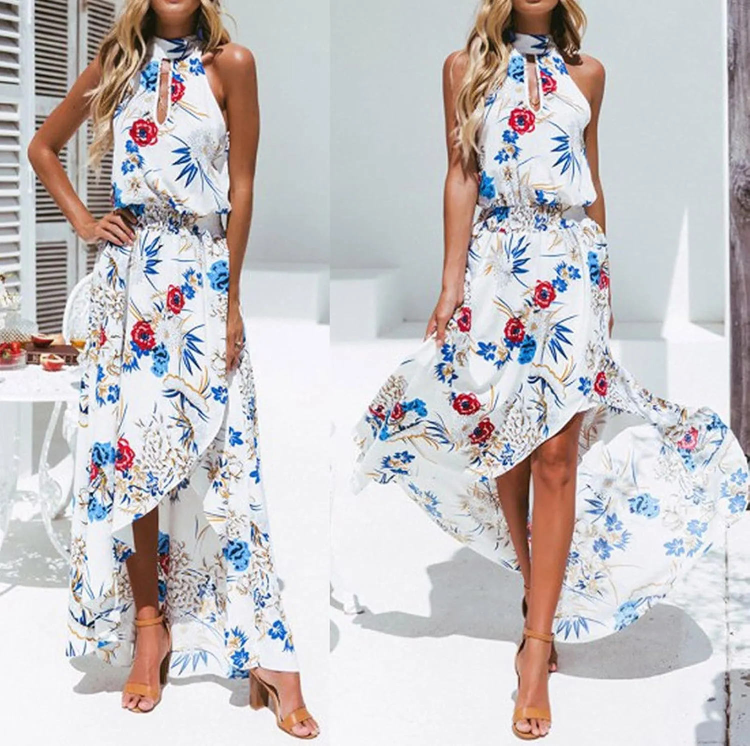 HHmei Women Floral Print Bodycon Derss Elegant Sleeveless Ruffle Mini Dress Party Dress
