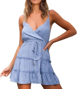 HHmei Women's Sleeveless Casual Solid Off-Shoulder Short Sleeve Bow Printing Princess Mini Dress