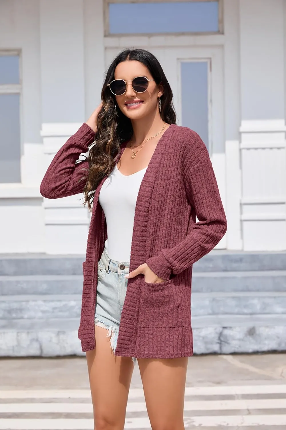 HIYIYEZI Womens Long Sleeve Cardigan Open Front Casual Knit Sweaters Coat Soft Outwear with Pockets