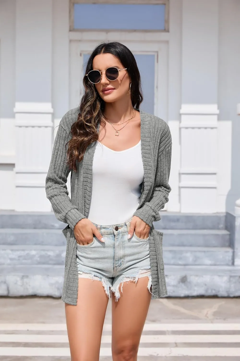 HIYIYEZI Womens Long Sleeve Cardigan Open Front Casual Knit Sweaters Coat Soft Outwear with Pockets
