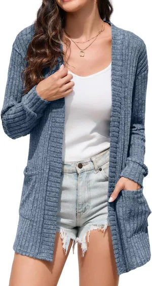 HIYIYEZI Womens Long Sleeve Cardigan Open Front Casual Knit Sweaters Coat Soft Outwear with Pockets