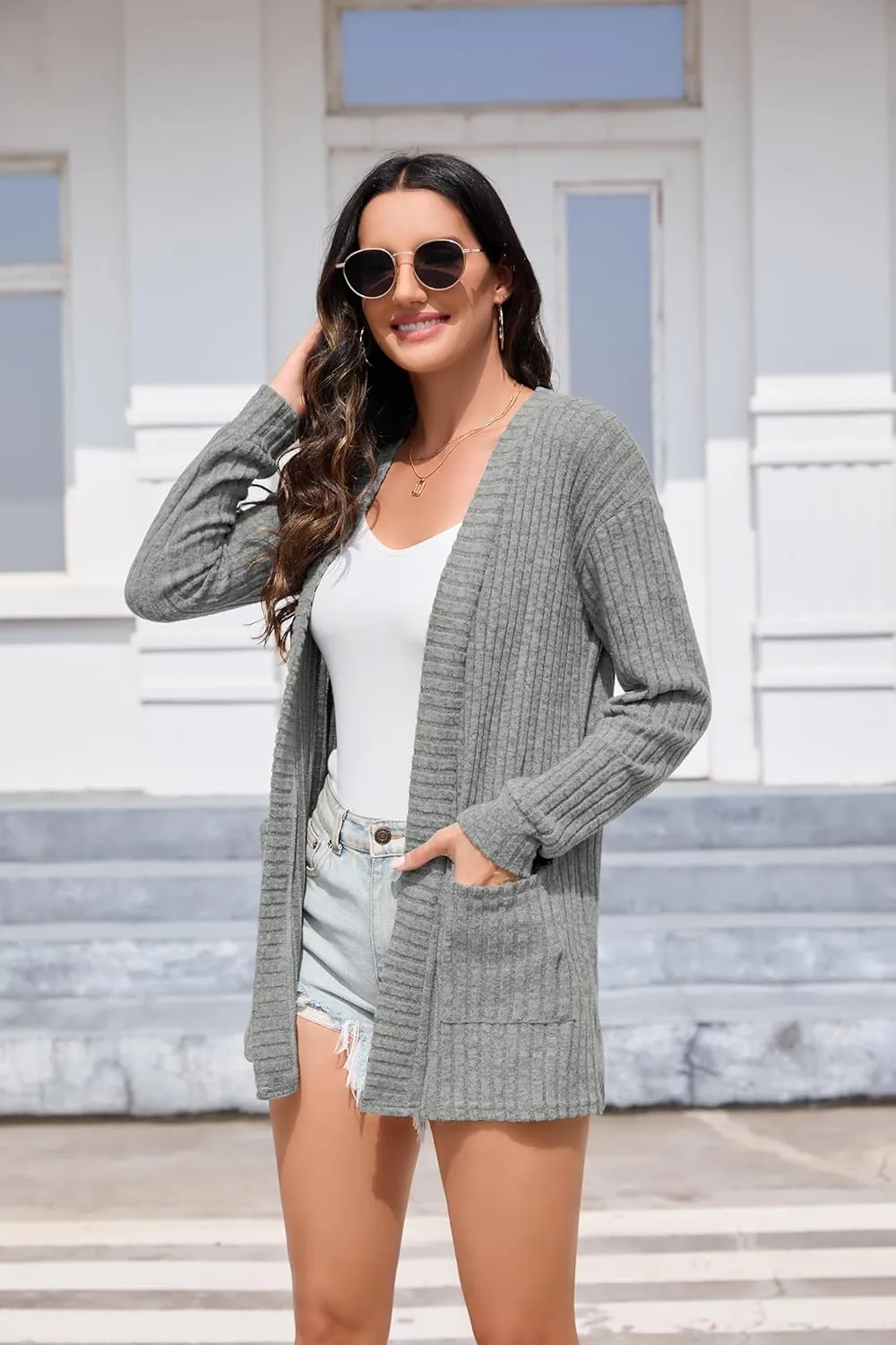 HIYIYEZI Womens Long Sleeve Cardigan Open Front Casual Knit Sweaters Coat Soft Outwear with Pockets