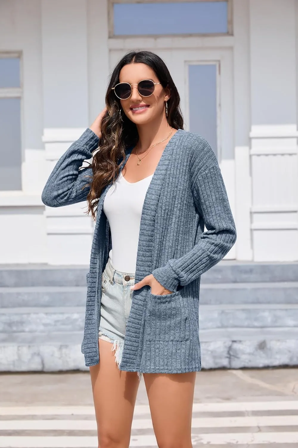 HIYIYEZI Womens Long Sleeve Cardigan Open Front Casual Knit Sweaters Coat Soft Outwear with Pockets