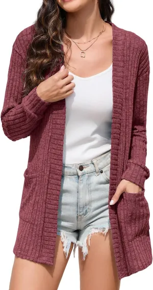 HIYIYEZI Womens Long Sleeve Cardigan Open Front Casual Knit Sweaters Coat Soft Outwear with Pockets