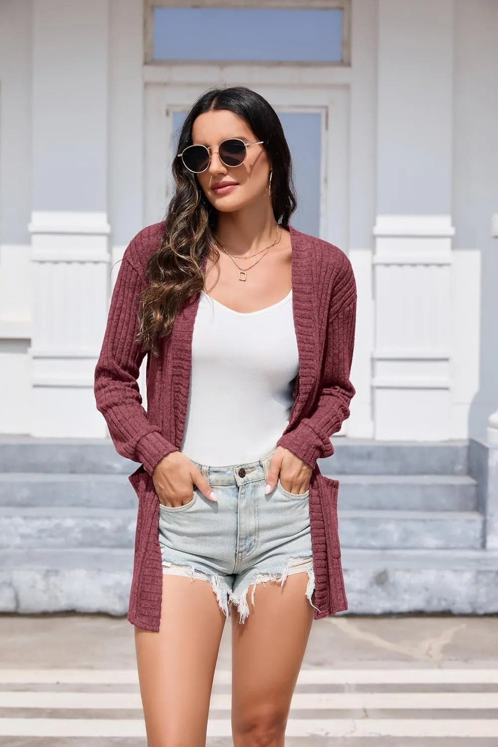 HIYIYEZI Womens Long Sleeve Cardigan Open Front Casual Knit Sweaters Coat Soft Outwear with Pockets