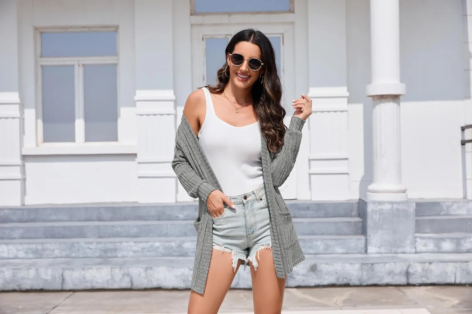 HIYIYEZI Womens Long Sleeve Cardigan Open Front Casual Knit Sweaters Coat Soft Outwear with Pockets