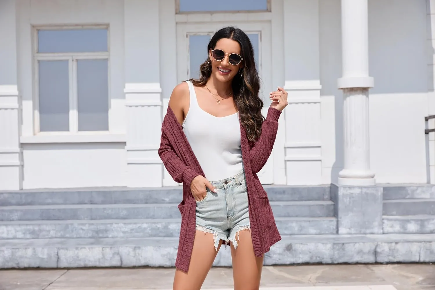 HIYIYEZI Womens Long Sleeve Cardigan Open Front Casual Knit Sweaters Coat Soft Outwear with Pockets