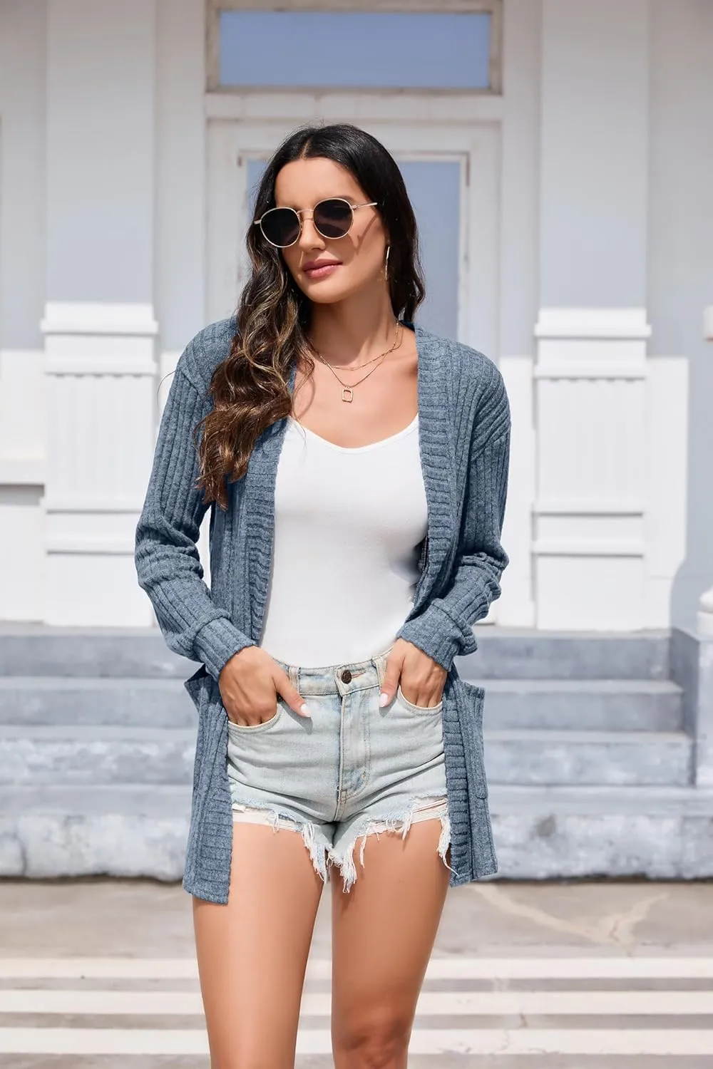 HIYIYEZI Womens Long Sleeve Cardigan Open Front Casual Knit Sweaters Coat Soft Outwear with Pockets