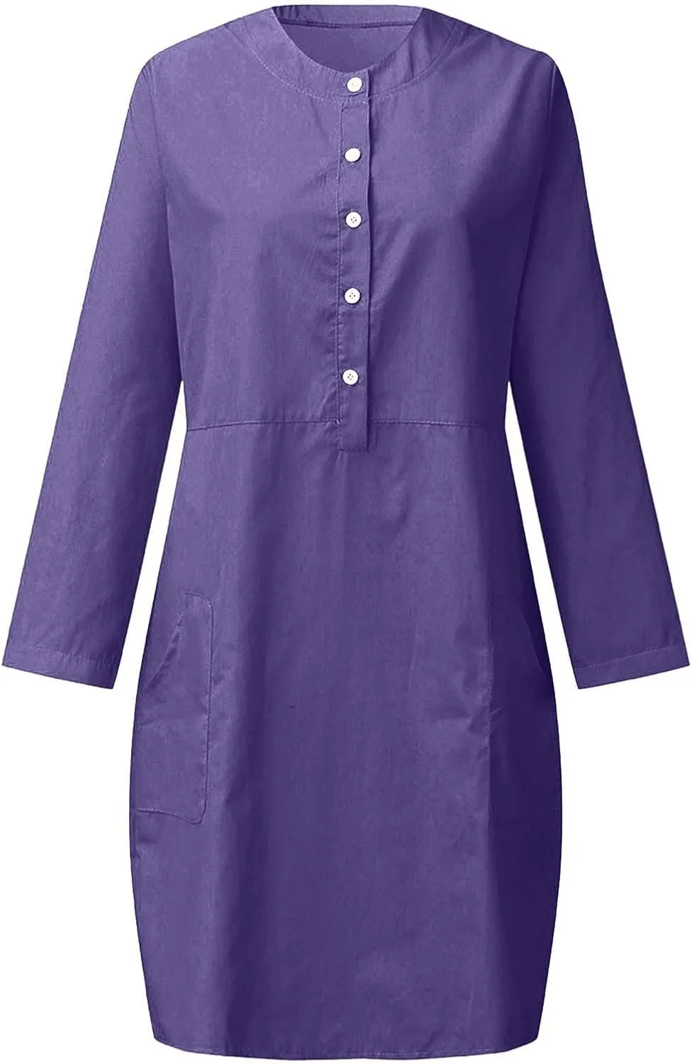 hlysgo Women's Summer Mini Dresses Trendy Cotton Linen Button Up Beach Dress Casual Long Sleeve Crew Neck Knee Length Dress