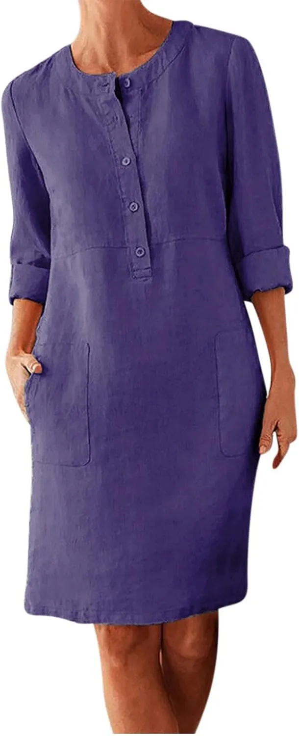 hlysgo Women's Summer Mini Dresses Trendy Cotton Linen Button Up Beach Dress Casual Long Sleeve Crew Neck Knee Length Dress