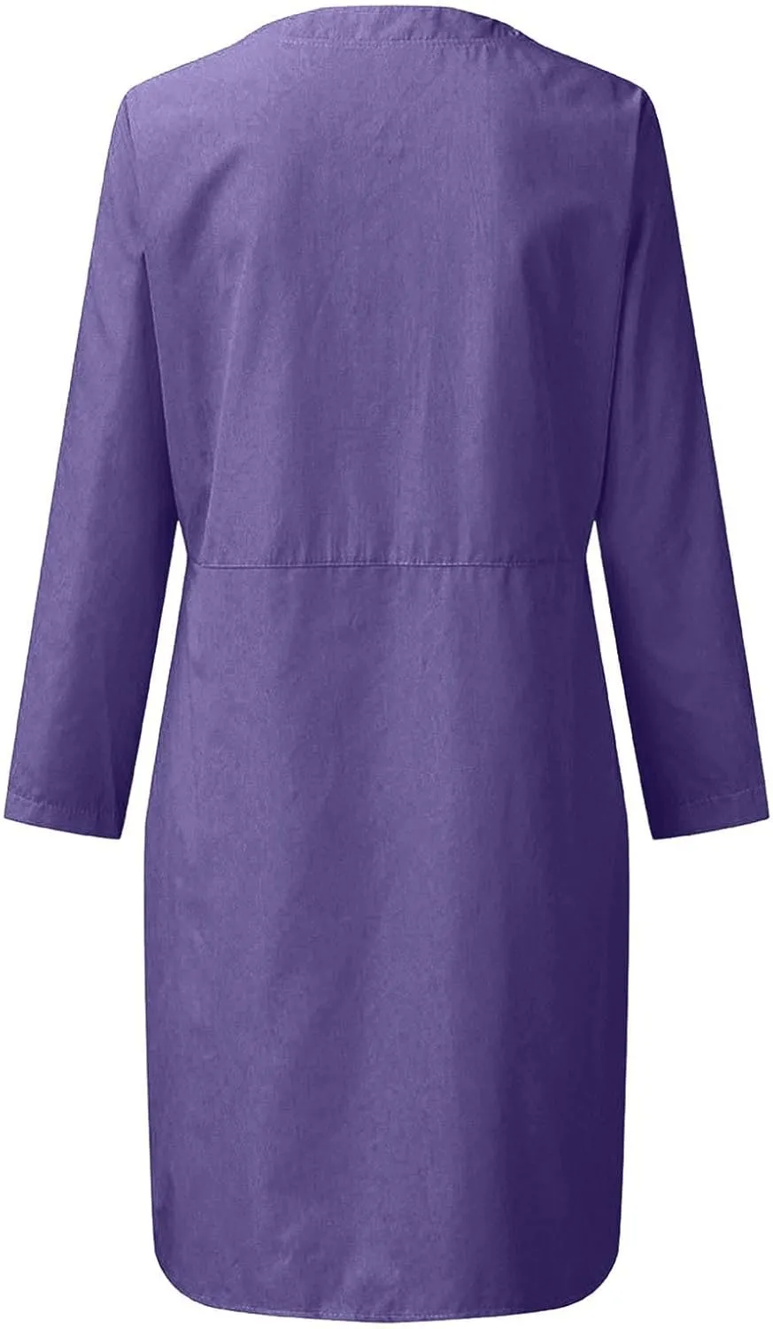 hlysgo Women's Summer Mini Dresses Trendy Cotton Linen Button Up Beach Dress Casual Long Sleeve Crew Neck Knee Length Dress