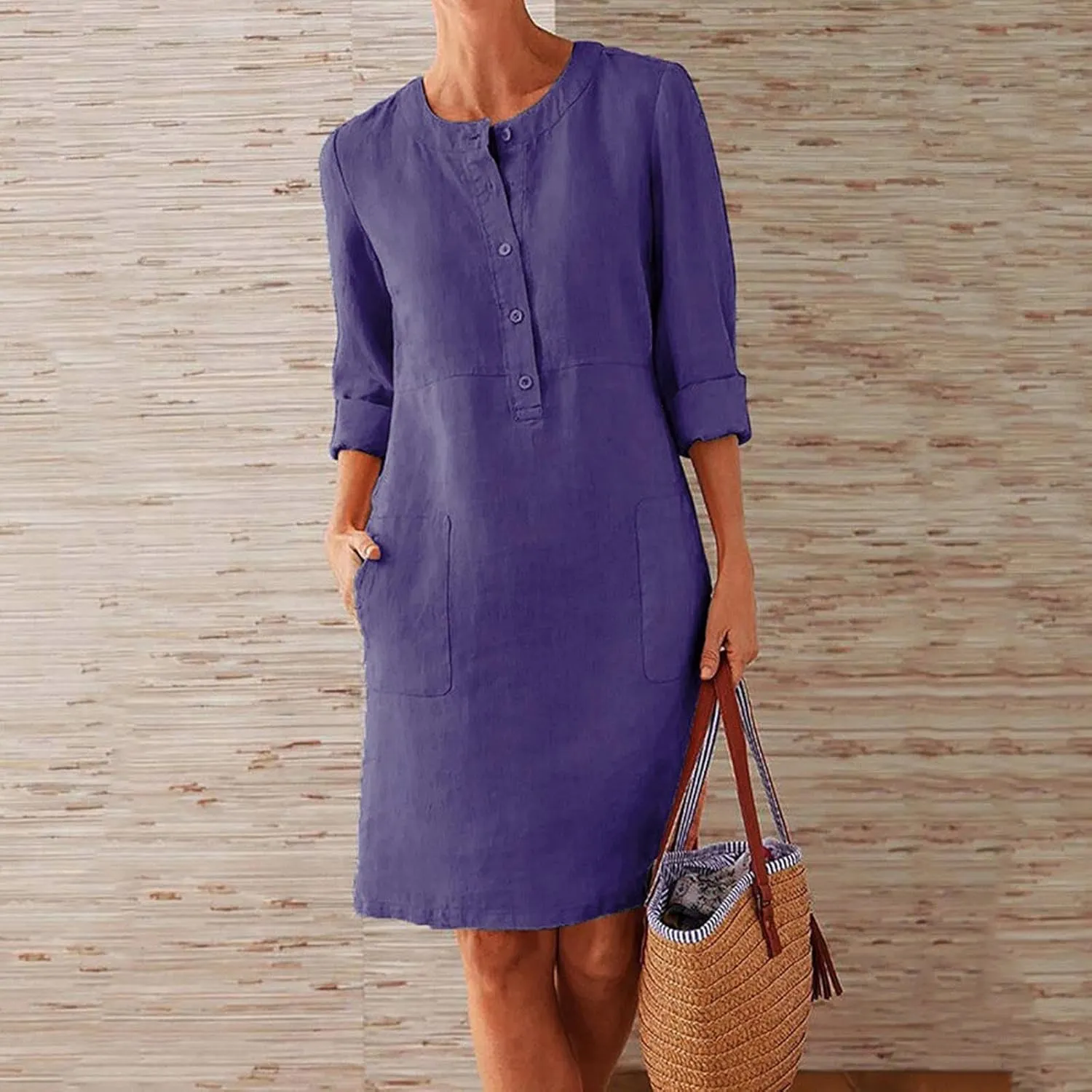 hlysgo Women's Summer Mini Dresses Trendy Cotton Linen Button Up Beach Dress Casual Long Sleeve Crew Neck Knee Length Dress