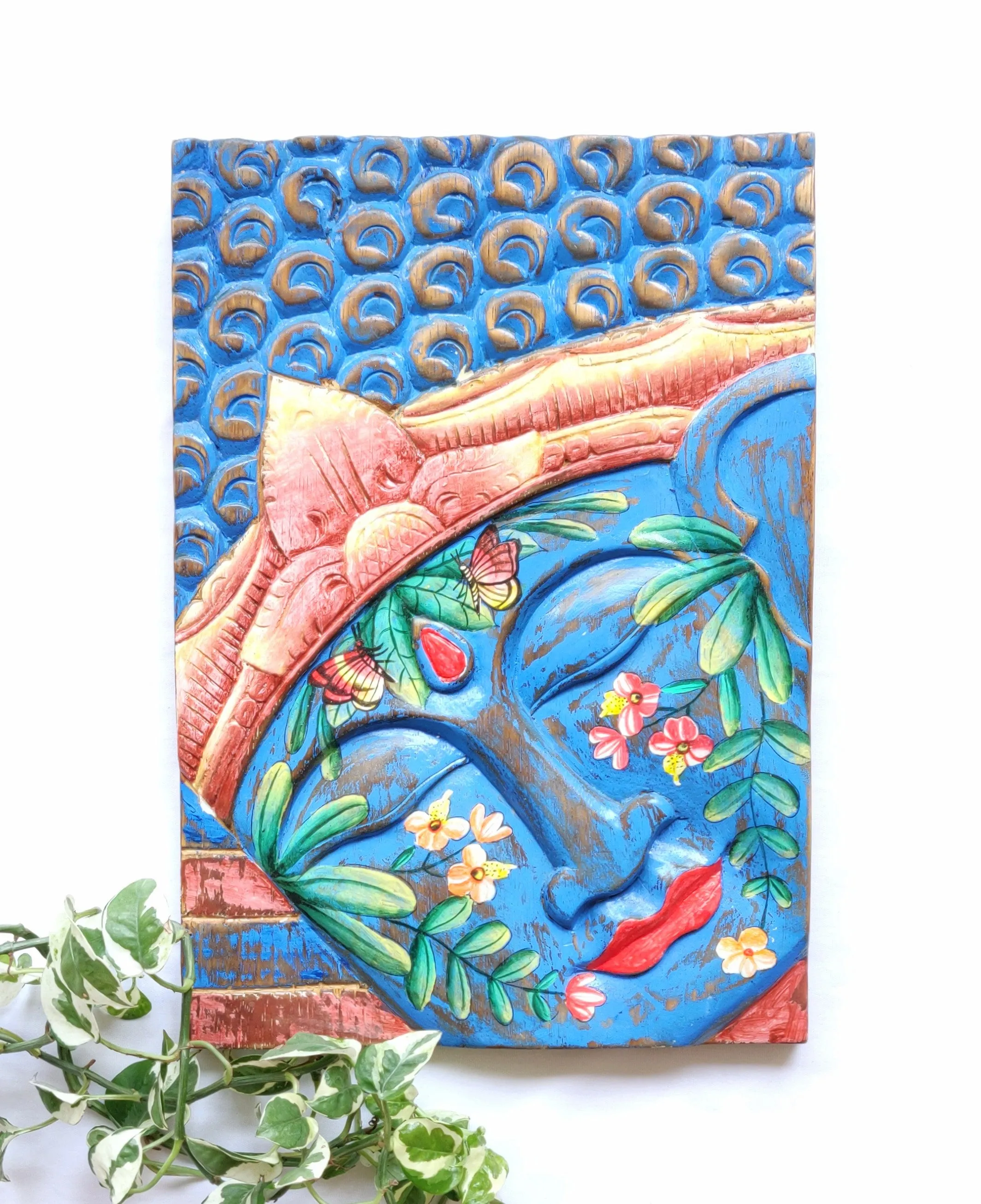 Home Decor: Wall Accent. Hand carved Buddha Panel and Painted, Nature Motif with Flowers and Butterflies.