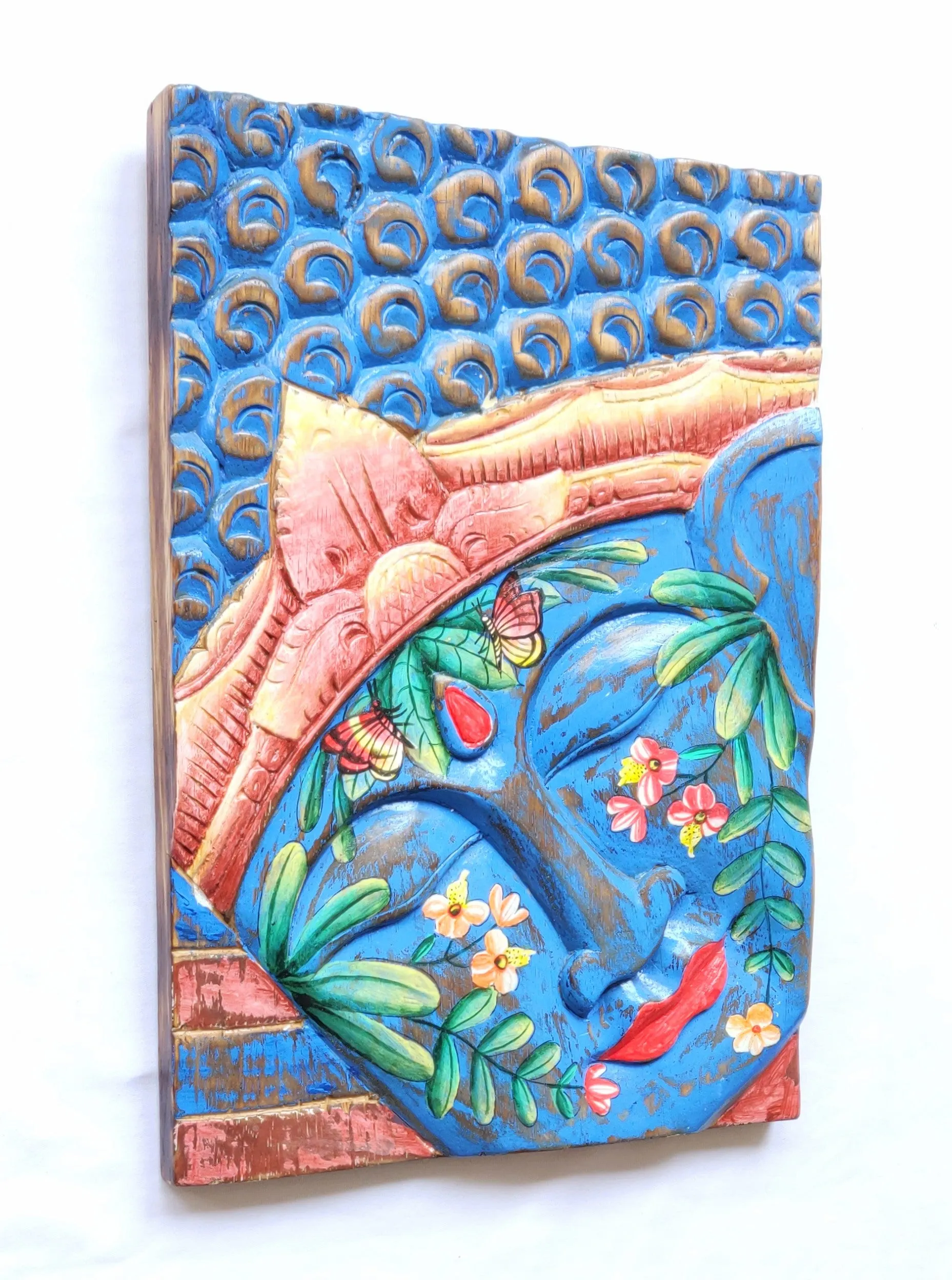 Home Decor: Wall Accent. Hand carved Buddha Panel and Painted, Nature Motif with Flowers and Butterflies.