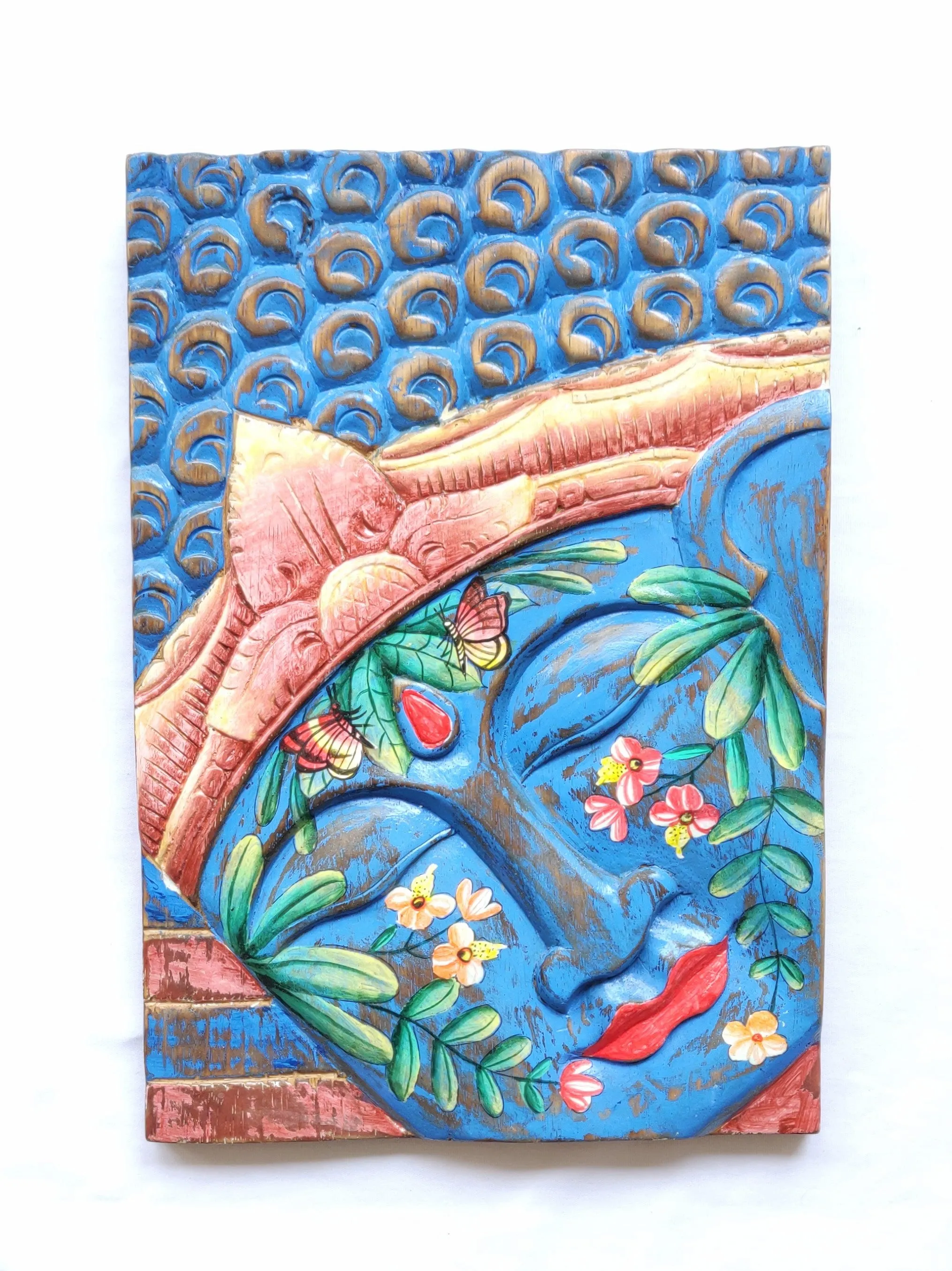 Home Decor: Wall Accent. Hand carved Buddha Panel and Painted, Nature Motif with Flowers and Butterflies.