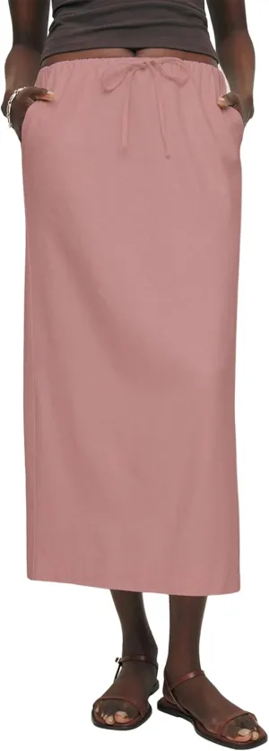 IDEALSANXUN Womens Cotton Linen Skirts Trendy Elastic Waist Drawstring Long Skirts with Slit