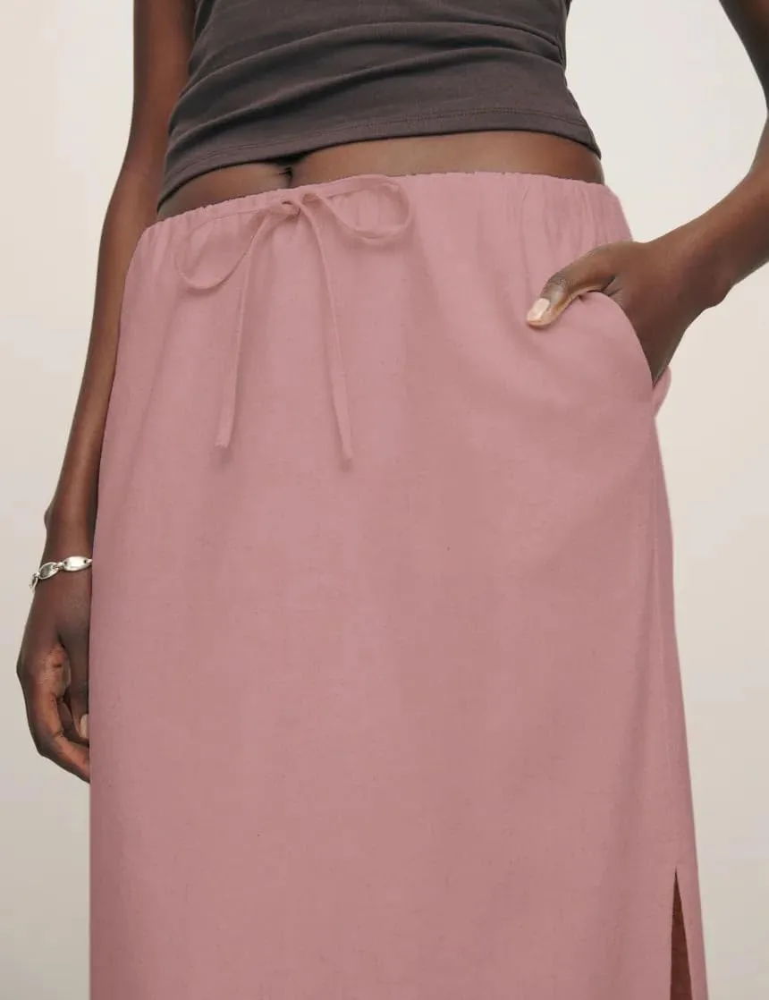 IDEALSANXUN Womens Cotton Linen Skirts Trendy Elastic Waist Drawstring Long Skirts with Slit