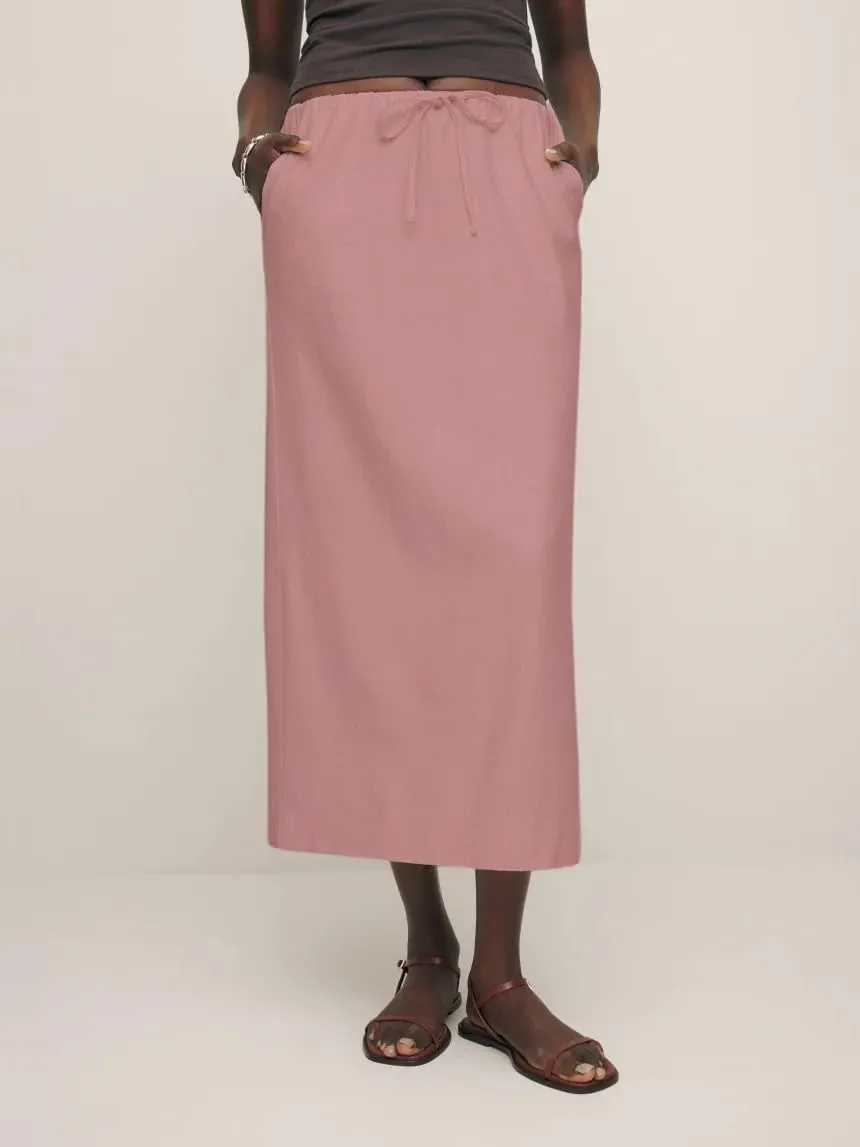 IDEALSANXUN Womens Cotton Linen Skirts Trendy Elastic Waist Drawstring Long Skirts with Slit