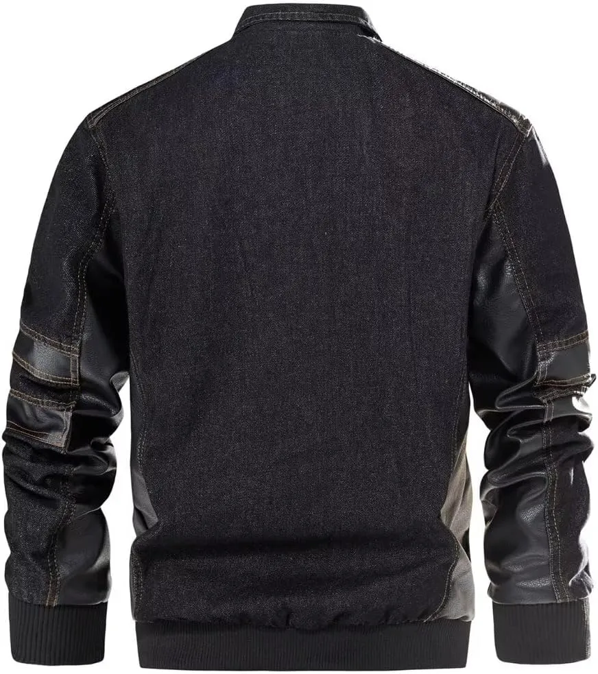 INVACHI Men's Denim Jacket Patchwork Faux Leather Motorcycle Jacket Slim Fit Biker Coat With Stand Collar