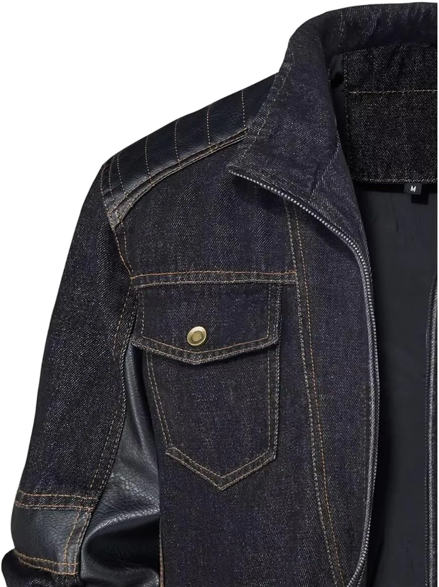 INVACHI Men's Denim Jacket Patchwork Faux Leather Motorcycle Jacket Slim Fit Biker Coat With Stand Collar