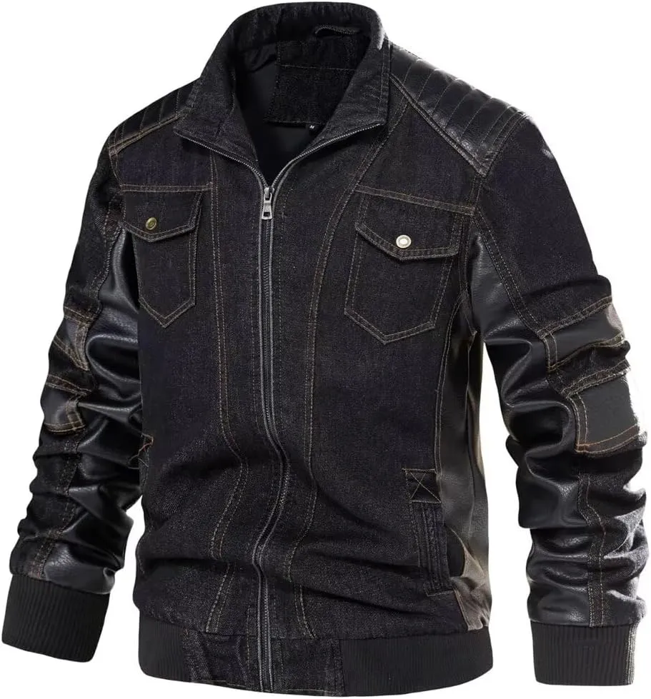 INVACHI Men's Denim Jacket Patchwork Faux Leather Motorcycle Jacket Slim Fit Biker Coat With Stand Collar