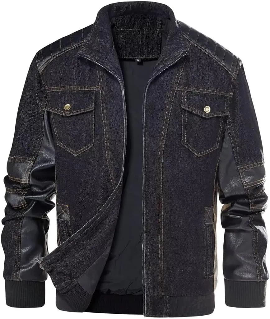 INVACHI Men's Denim Jacket Patchwork Faux Leather Motorcycle Jacket Slim Fit Biker Coat With Stand Collar