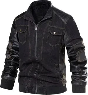 INVACHI Men's Denim Jacket Patchwork Faux Leather Motorcycle Jacket Slim Fit Biker Coat With Stand Collar