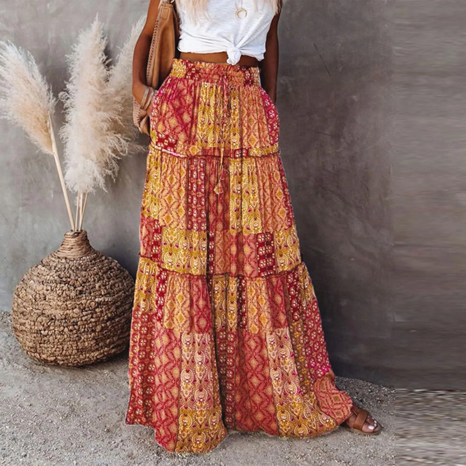 JJHAEVDY Womens Summer Boho Flowy Swing Tiered A-Line Midi Skirt 2025 Fashion Trendy Elastic Waist Pleated Long Beach Dress