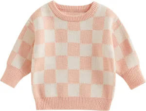 Kuriozud Toddler Baby Boy Girl Sweater Checkerboard Knit Crewneck Sweatshirt Soft Warm Fall Winter Clothes