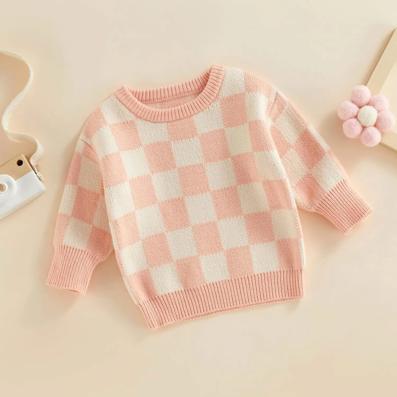 Kuriozud Toddler Baby Boy Girl Sweater Checkerboard Knit Crewneck Sweatshirt Soft Warm Fall Winter Clothes