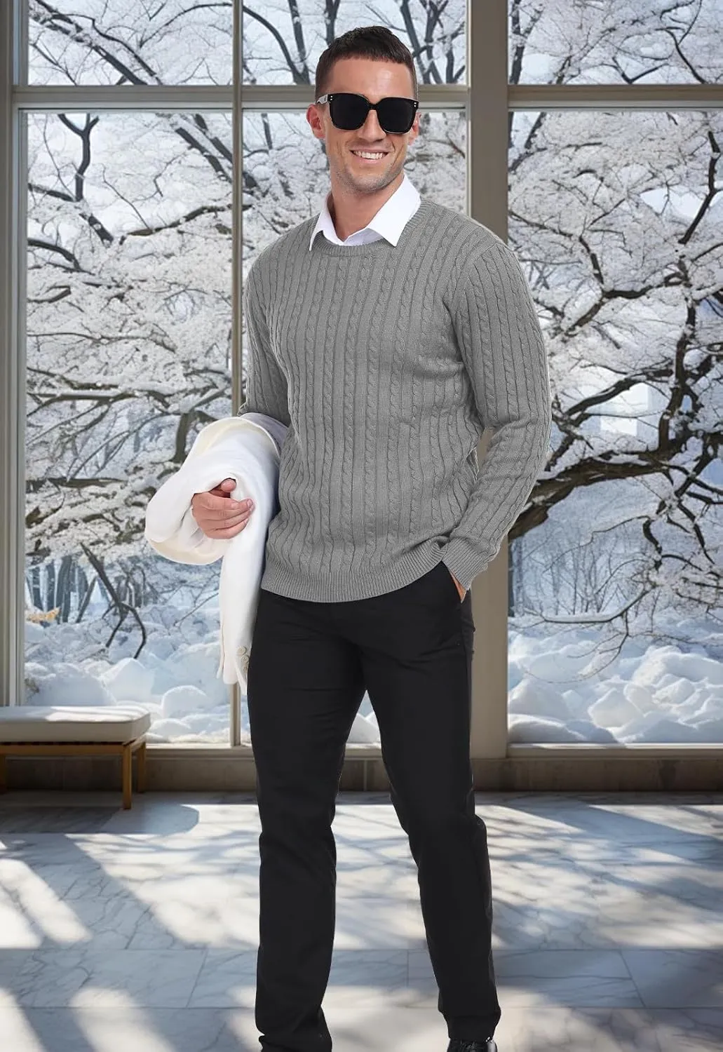 KUYIGO Men's Cable Knit Tight Sweaters Slim Fit Soft Pullover Twist Textured Long Sleeve Sweatshirt