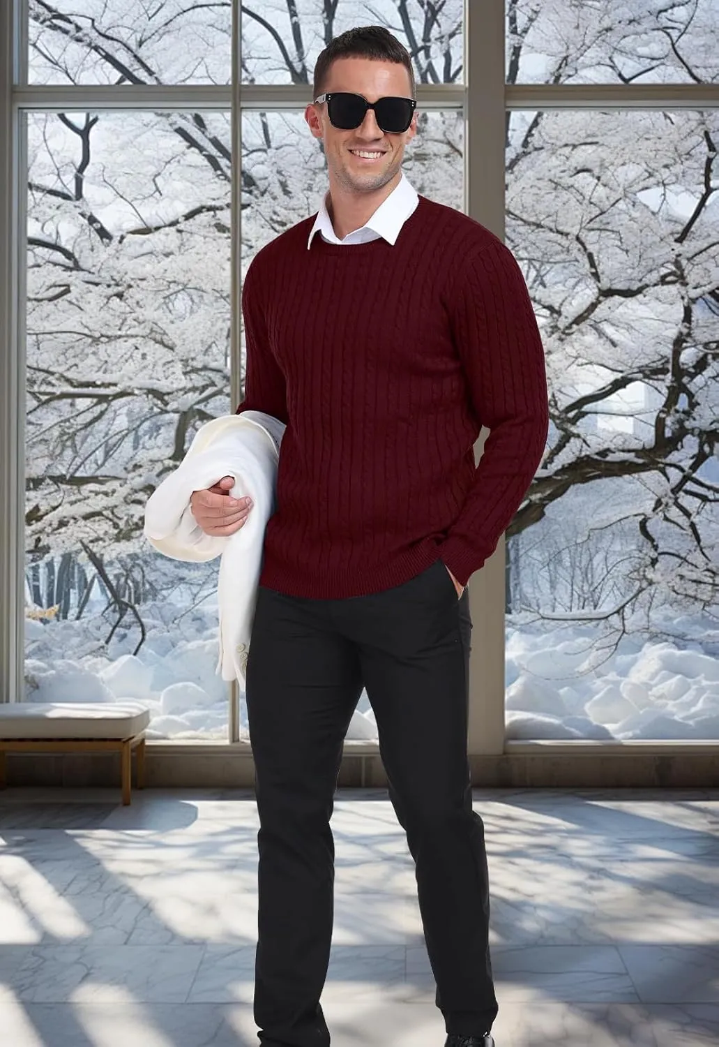 KUYIGO Men's Cable Knit Tight Sweaters Slim Fit Soft Pullover Twist Textured Long Sleeve Sweatshirt