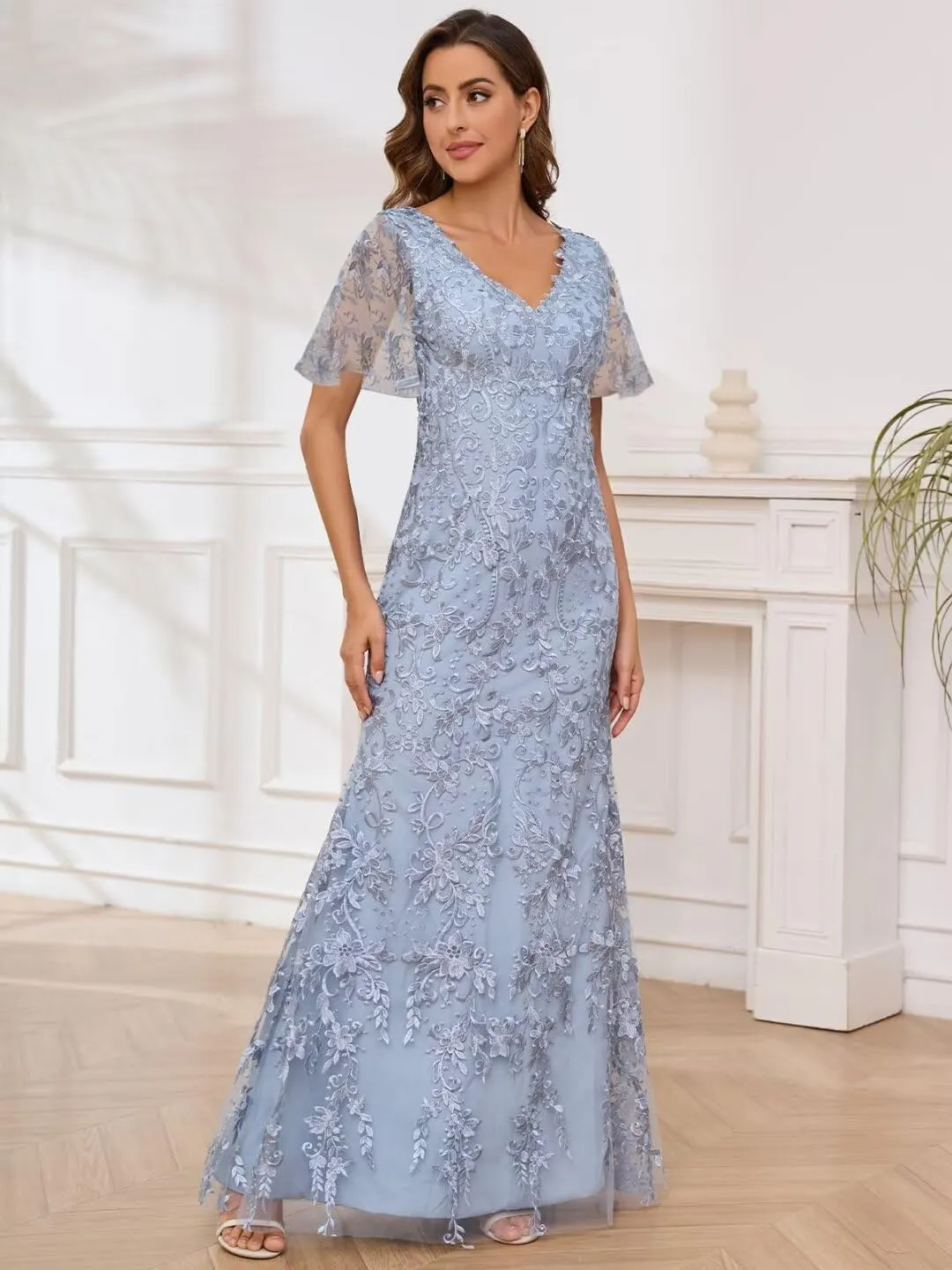 Lace Mother of The Bride Dresses for Women Short Sleeve Elegant Mermaid Wedding Formal Dress Evening Gowns
