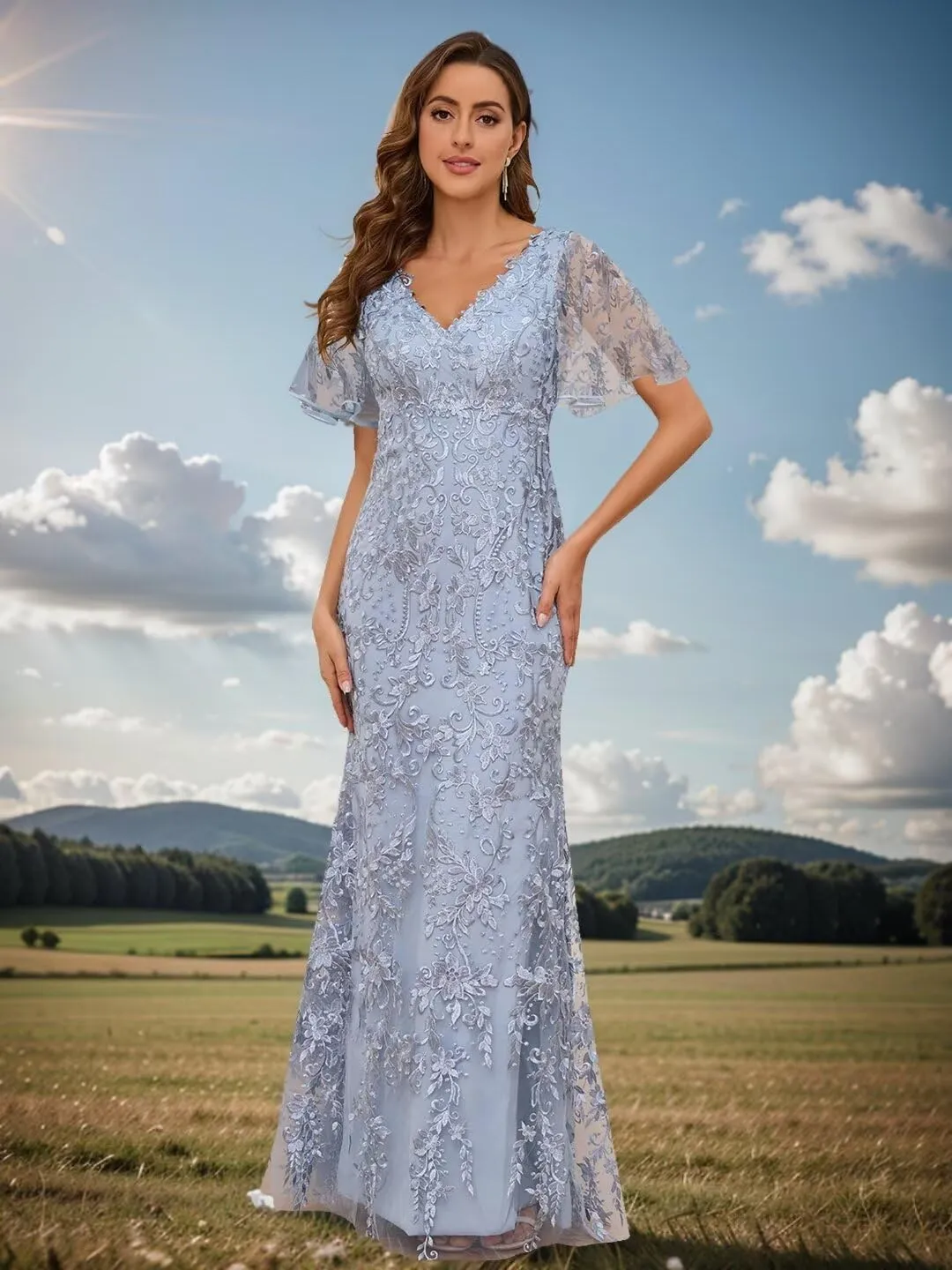 Lace Mother of The Bride Dresses for Women Short Sleeve Elegant Mermaid Wedding Formal Dress Evening Gowns