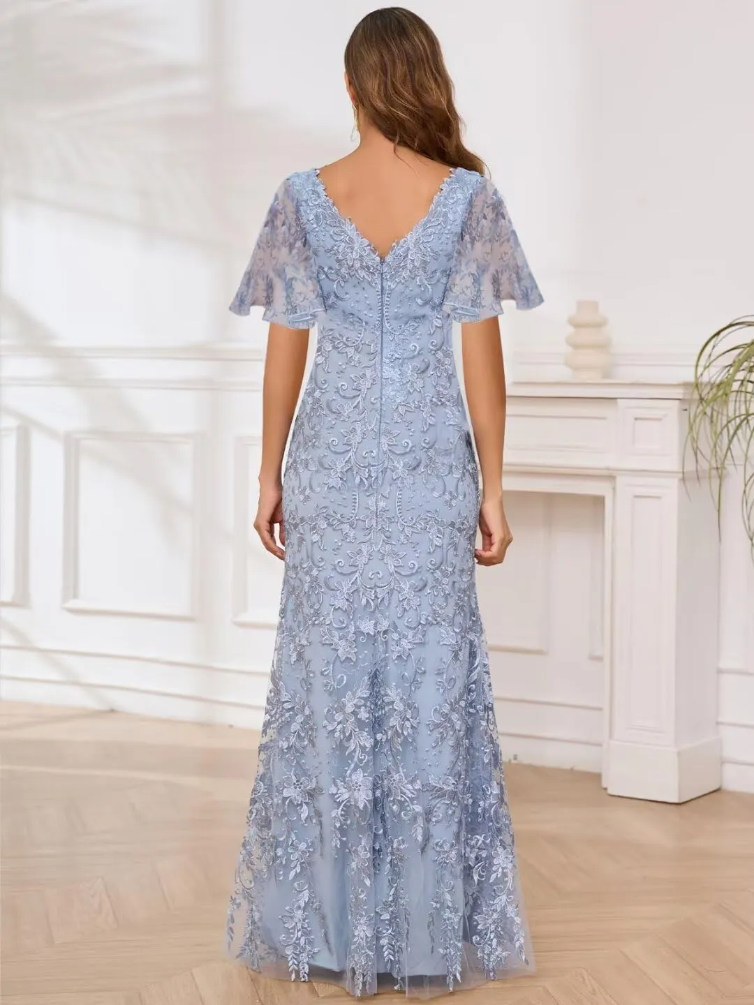 Lace Mother of The Bride Dresses for Women Short Sleeve Elegant Mermaid Wedding Formal Dress Evening Gowns