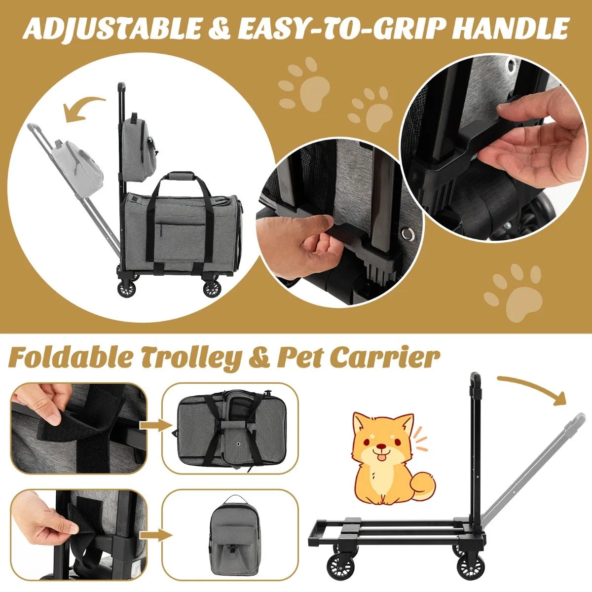 Large Rolling Cat Dog Carrier Small and Medium Sized Pets-Grey
