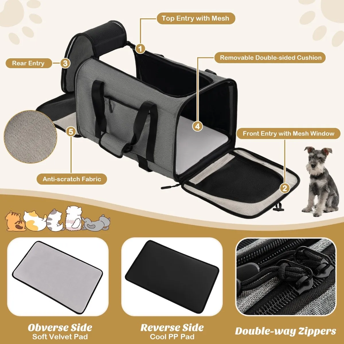 Large Rolling Cat Dog Carrier Small and Medium Sized Pets-Grey