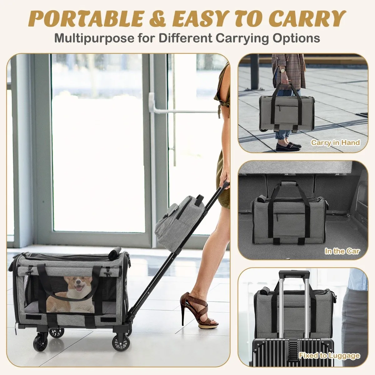 Large Rolling Cat Dog Carrier Small and Medium Sized Pets-Grey
