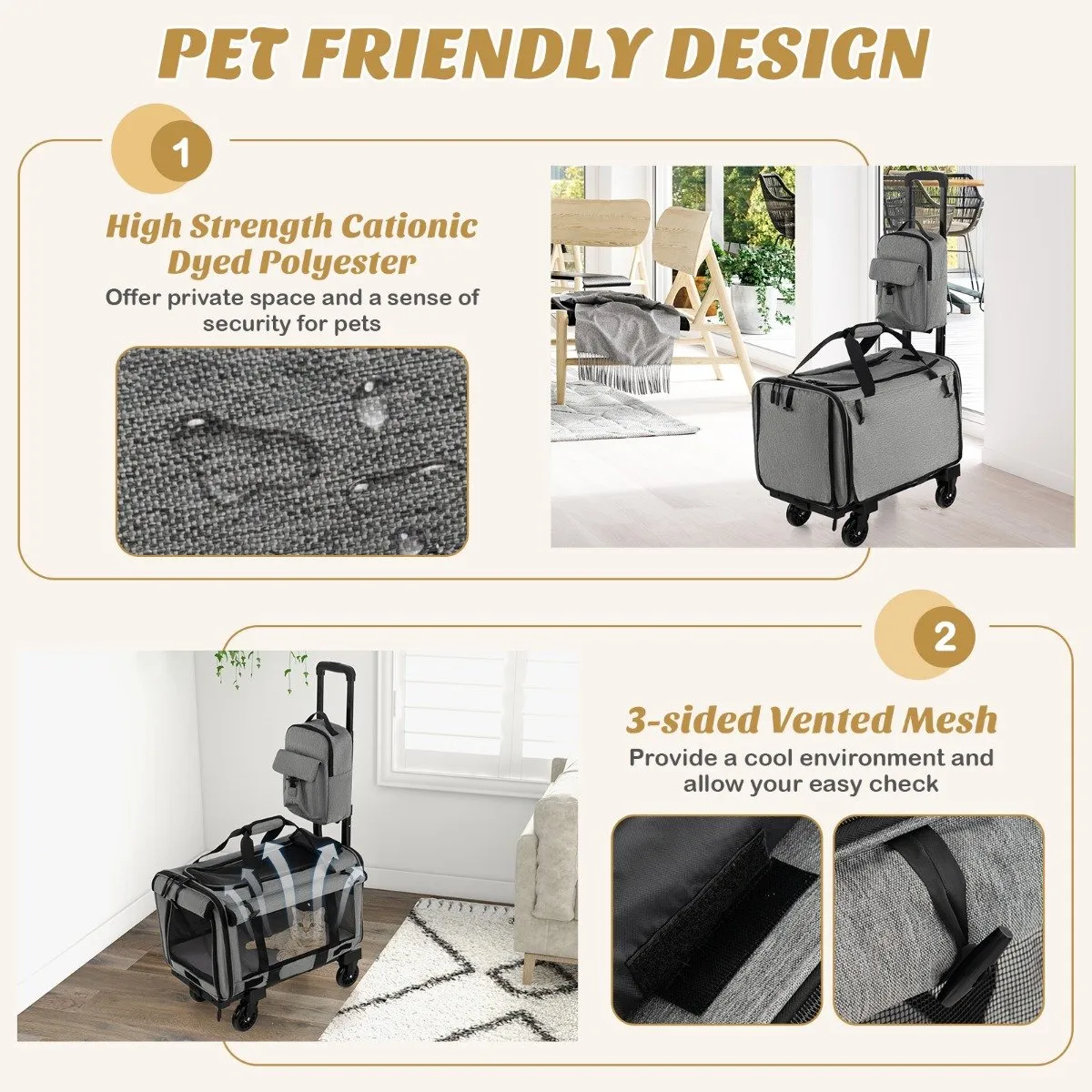 Large Rolling Cat Dog Carrier Small and Medium Sized Pets-Grey
