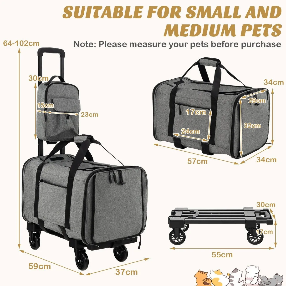 Large Rolling Cat Dog Carrier Small and Medium Sized Pets-Grey