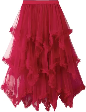 Layered Tulle Long Skirt Korean Fashion Mesh Gauze High Waist Skirt Frill Trim Ruffle Pleated Skirt for Women