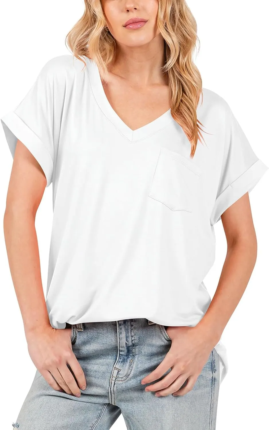 liher Women's Summer Casual V Neck Solid Color Basic Tees Rolled Up Short Sleeve T Shirt Top