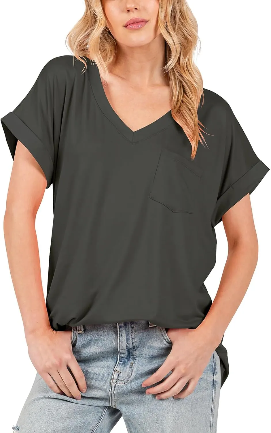 liher Women's Summer Casual V Neck Solid Color Basic Tees Rolled Up Short Sleeve T Shirt Top