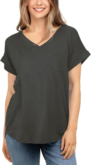 liher Women's Summer Casual V Neck Solid Color Basic Tees Rolled Up Short Sleeve T Shirt Top