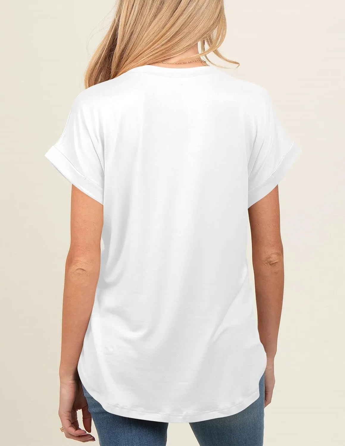 liher Women's Summer Casual V Neck Solid Color Basic Tees Rolled Up Short Sleeve T Shirt Top
