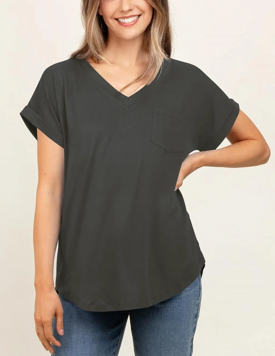 liher Women's Summer Casual V Neck Solid Color Basic Tees Rolled Up Short Sleeve T Shirt Top
